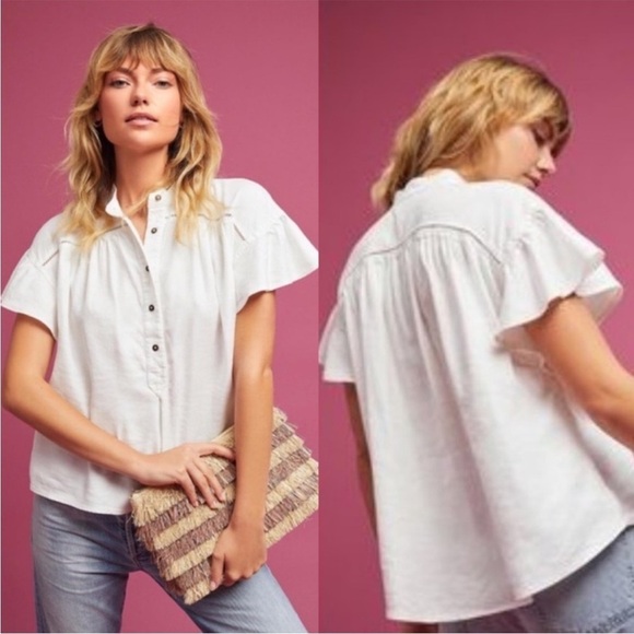 Anthropologie Maeve Sylvan White Linen Top Ruffle Flutter Sleeve Henley Size M - Picture 1 of 11